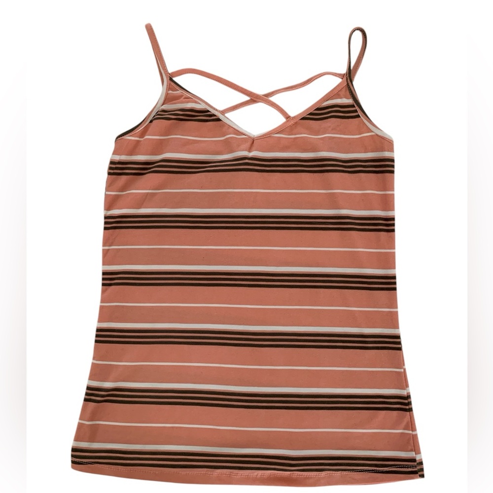 Rue 21 Tank Top Women M Peachy Pink V Neck Criss Cross Striped Lightweight Soft